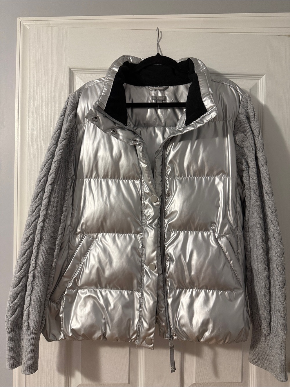Talbots Silver Quilted Puffer with Knit Cable Sleeves